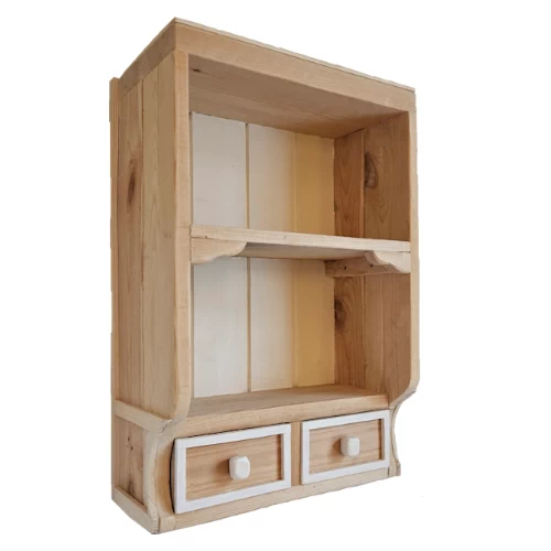 Kleine houten hangkast met twee lades blank hout en witte accenten