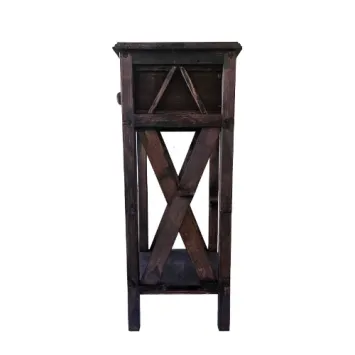 Zijaanzicht van houten plantentafel met lade en legplank